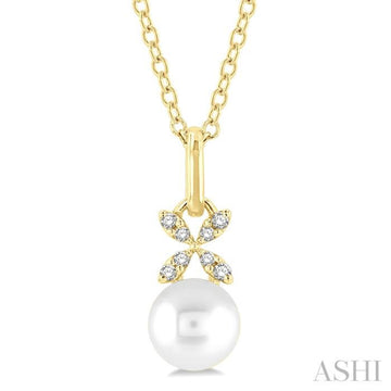 6 MM Round Shape Cultured Pearl and 1/50 Ctw Petite Floral Round Cut Diamond Fashion Pendant With Chain in 10K Yellow Gold